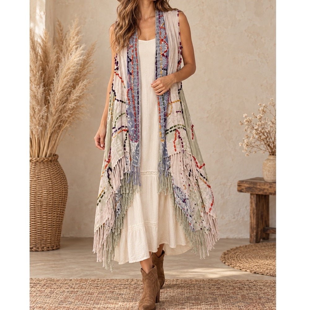John Mark Boho Embroidered Fringe Vest Duster Paisley Sleeveless Small d5